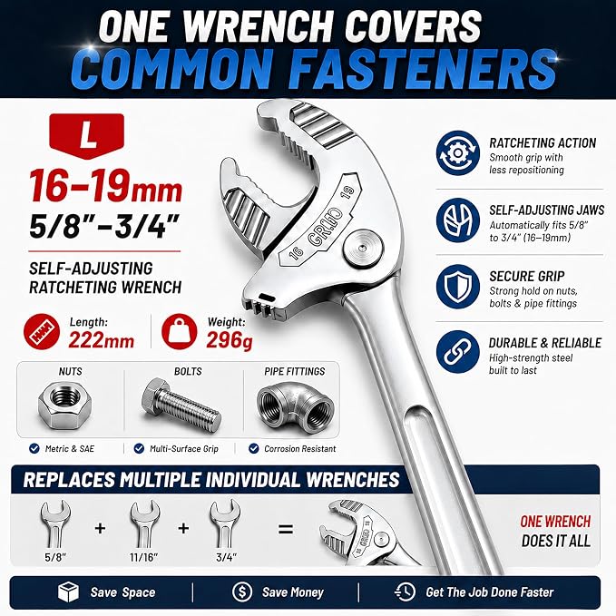 Self Adjusting Wrench, No Adjustment Needed Self Locking Spanner, Automatic Continuous Gripping Ratcheting Wrench for 5/8"-3/4" (16-19mm) Nuts, Bolts, Pipe Fittings, Home Repair & DIY Projects