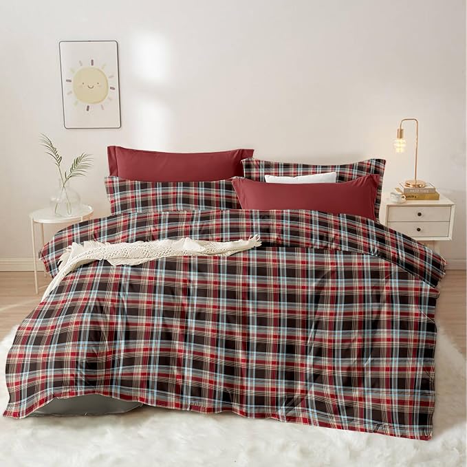 Sedefen Gingham Duvet Cover Queen Vintage Brown Plaid Bedding Set Kids Boys Girls Retro Grid Checked Soft Breathable Duvet Cover Set 3 Pieces