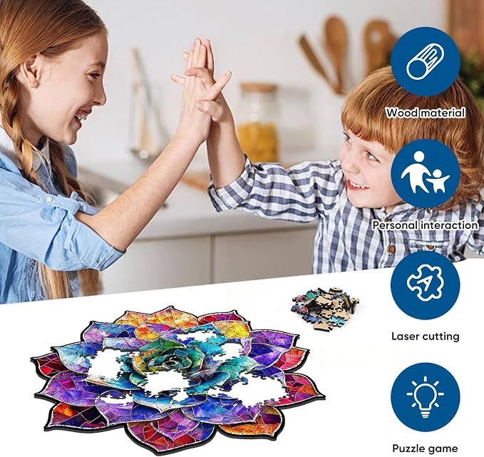 Delobil Stained Glass Succulent Wooden Puzzles for Adults, 500 Pieces Mandala Jigsaw Puzzles, Unique Shaped Royal Size Wood Puzzle Gift for Kids, Family Game 16.4'' x 16.7''