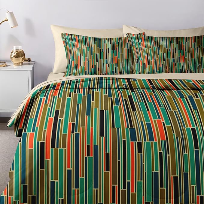 Nesker Comforter Set Queen Size, Mid Century Geometric Retro 7 Pcs Bedding for Kids and Adults, Stripe 50S Vintage Bed Sheet Sets with Fitted Sheet 2 Pillowcases & 2 Shams