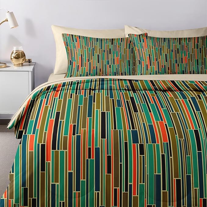 Nesker Comforter Set King Size, Mid Century Geometric Retro 7 Pcs Bedding for Kids and Adults, Stripe 50S Vintage Bed Sheet Sets with Fitted Sheet 2 Pillowcases & 2 Shams