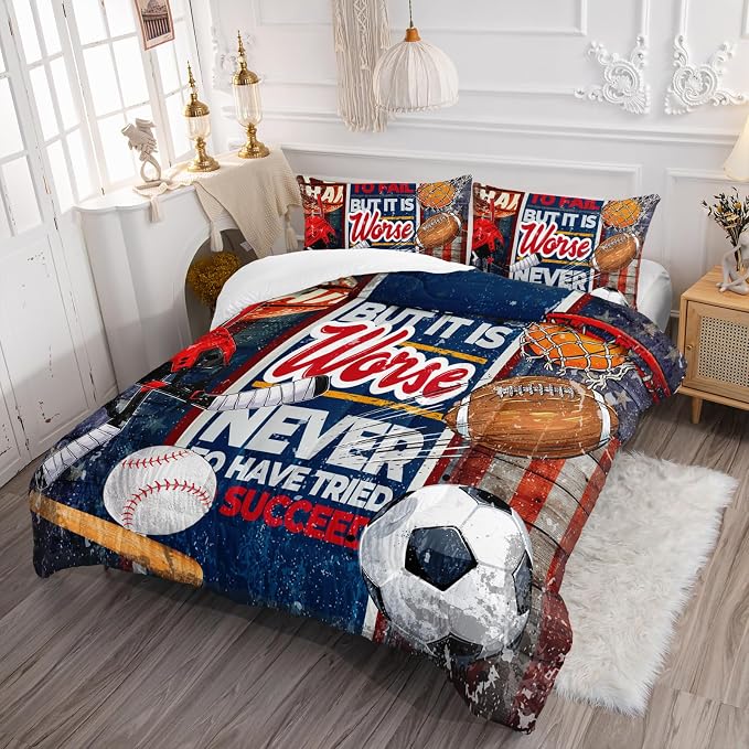Axolotl Sports Comforter Set King Size,Ball Sports Theme Comforter Set,Football Baseball Sport Bedding,Rugby Sport Quilt,3D Soccer Basketball Bedding for Kids Boys Teens,1 Quilt 2 Pillowcases