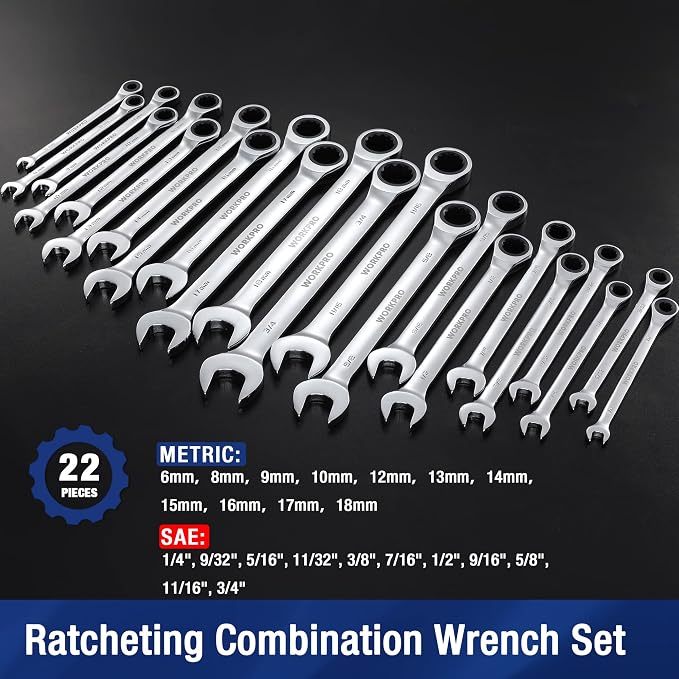 WORKPRO 22 PCS Ratchet Combination Wrench Set with Tool Box, Mirror Polish | with Organizer Box, Metric 6-18mm & SAE 1/4-3/4", 72-Teeth, For Home Project, Auto Repair, Plumbing, Construction, Machinery