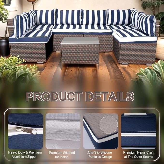 14 Piece Outdoor Furniture Replacement Cushions, Cover+Filling, 25.6" x 25.6" x 4" Foam Waterproof Outdoor Sofa Cushion Sets, Fit Wicker Rattan Sectional Conversation Set, Blue White Stripe