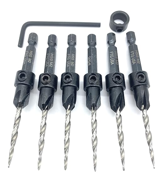 FTG USA 6 Pc #6 (9/64") Countersink Drill Bit Set with Depth Stop Collar, Hex Wrench - Tapered Drill Bits for Wood