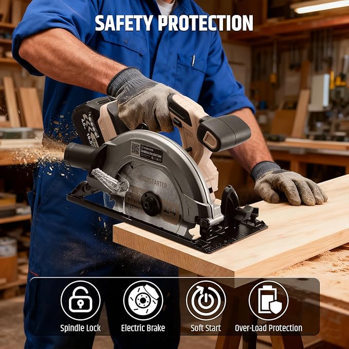 Cordless Circular Saw, 7-1/4" Electric Circular Saws with 5000RPM Brushless Motor, 45° Bevel Cutting, Max Depth 2-1/2", LED Light, Carpentry Tool for Precision Cutting (Battery & Charger)