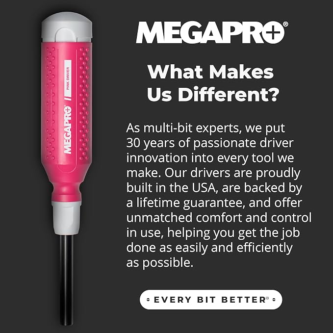 MEGAPRO® 15-in-1 Original Multi-bit Screwdriver | Home DIY & Repair | Construction | Tradeswork | 14 Industrial-grade bit tips | 1/4" Hex Drive in shaft (Pink)