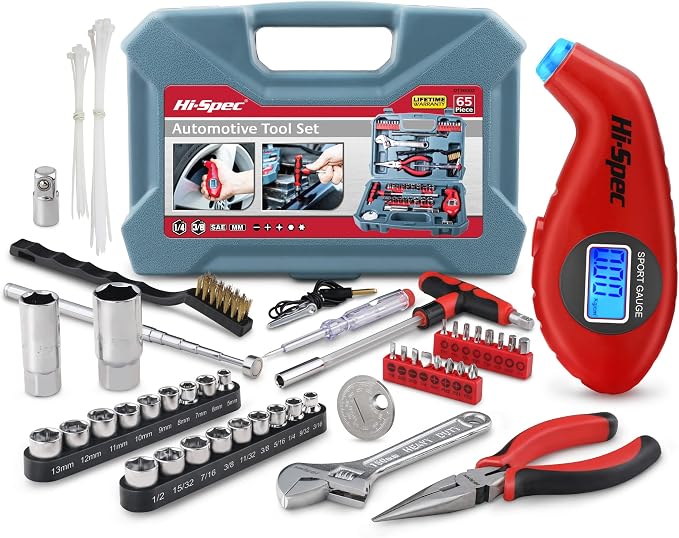 Hi-Spec Compact Auto Garage Tool Kit with Digital Tire Pressure Gauge