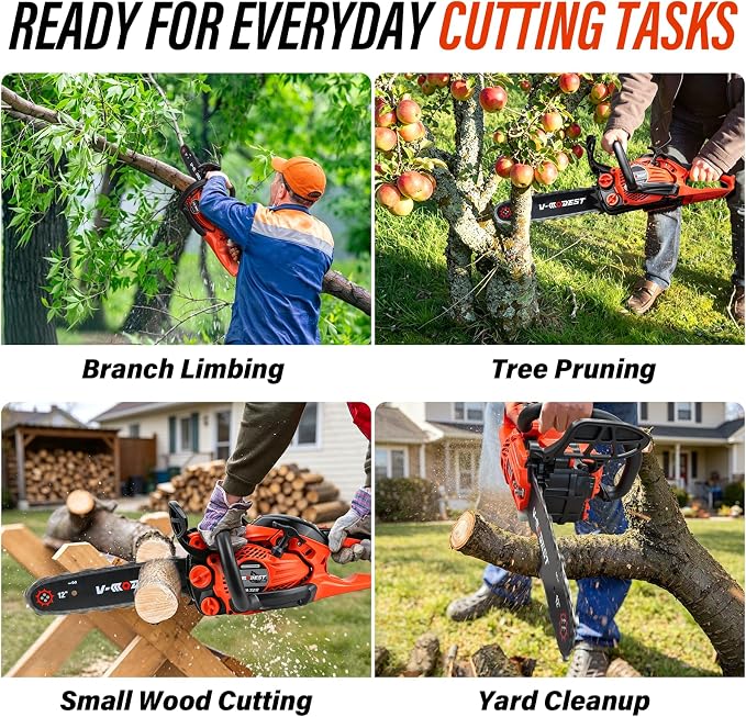 12 inch Gas Chainsaw, 25cc Lightweight Rear Handle Chainsaw | 2-stroke small gas chainsaw with auto oiler and side-access tensioner for tree pruning, branch trimming and yard cleanup