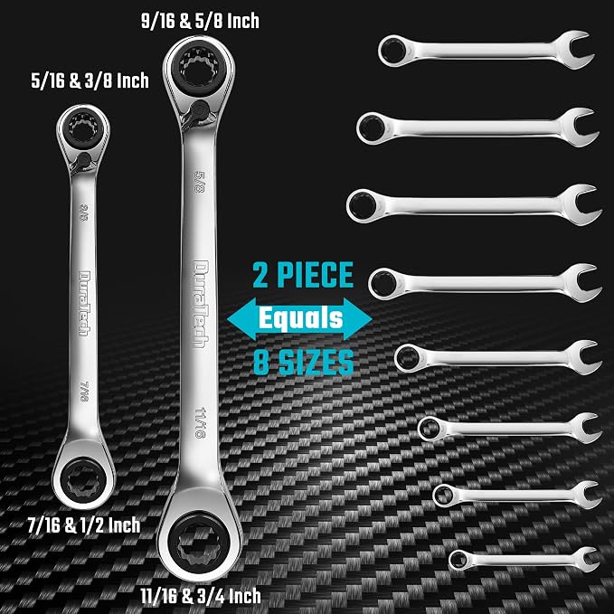 DURATECH 4-in-1 Reversible Ratcheting Box Wrench Set, SAE, 2-Piece | Double Box End, 5/16, 3/8, 7/16, 1/2-INCH & 9/16, 5/8, 11/16, 3/4-INCH, CR-V Steel, Matte Chrome Plated, Rolling Pouch