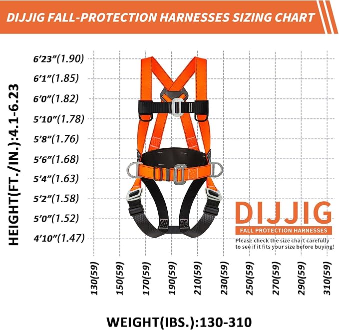 DIJJIG Full Body Safety Harness Kit OSHA/ANSI Compliant for Roofing | Includes internal shock-absorbing lanyard, orange harness for construction, durable and ready for fall protection