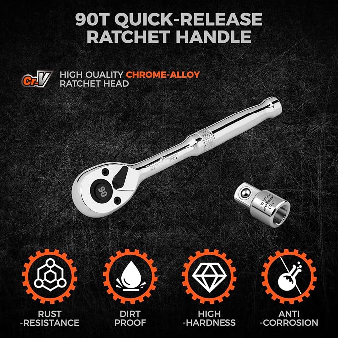 HORUSDY 1/4" Drive 90-Tooth Quick-Release Ratchet Handle with 1/4" to 3/8" Adapter, Reversible Thin Profile Socket Wrench, 4° Swing Arc, Ergonomic Anti-Slip Grip, Ideal for Auto, Bike & Home Repair