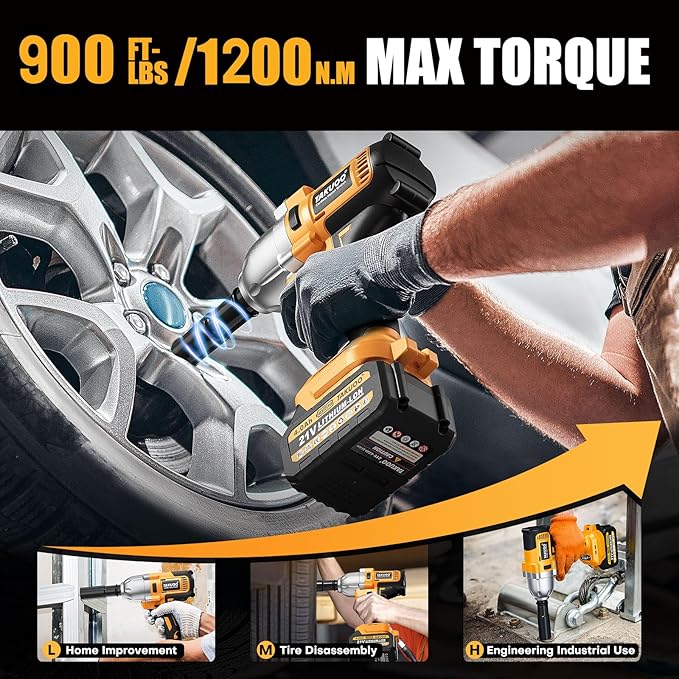 Takuoo Cordless 1/2 inch Brushless Impact Wrench, Max Torque (1200N.m) 900Ft-lbs Electric Impact Gun w/2x 4000mAh Battery, Charger & 6 Sockets, Power Impact Driver for Car Home