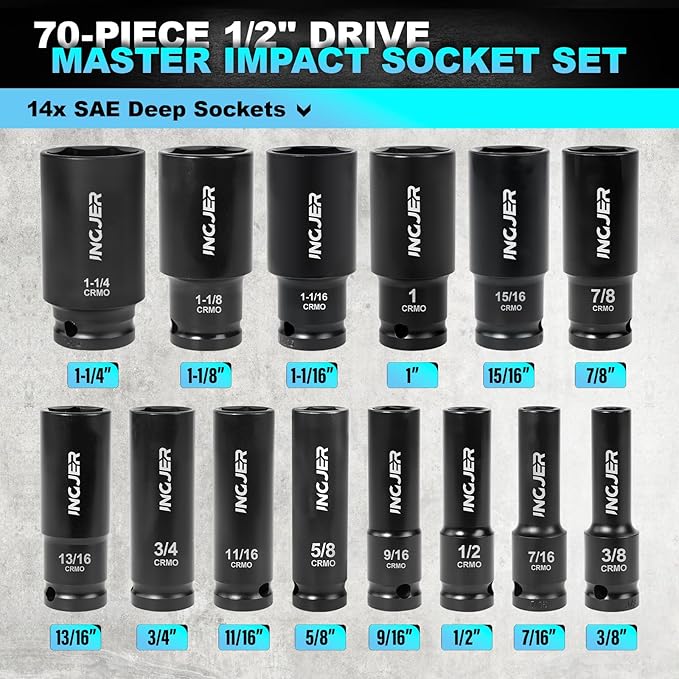 1/2" Impact Socket Set,70PCS SAE/Metric, 1-1/4"/10-24mm, CR-MO Alloy Steel | 6 Point Cr-MO Alloy Steel for Auto Repair, Easy-to-Read Size Markings, Rugged Construction, Storage Case