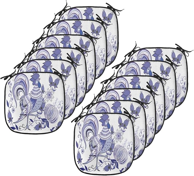 Lunarable Gallus Chair Cushion Pads Set 12, Floral Pattern with Flowers and Birds Feathers Wings Leaf Ornament Folk Art, Anti-Slip Seat Padding for Kitchen & Patio, 16"x16", Violet Blue White