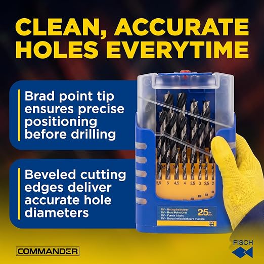 Fisch Brad Point Drill Bit Set, 25-Piece Chrome Vanadium Wood Drill Bits, Sizes from 1mm - 13mm" FSF-364740