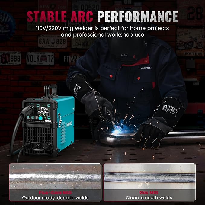 bestarc 145A MIG Welder, 110V 220V 4 in 1 Gas/Flux Core MIG/Lift TIG/Stick Welder Machine, Large LED Display Welding Machine, IGBT Inverter Welder MIG145 Soild Gasless Synergy MIG Welder