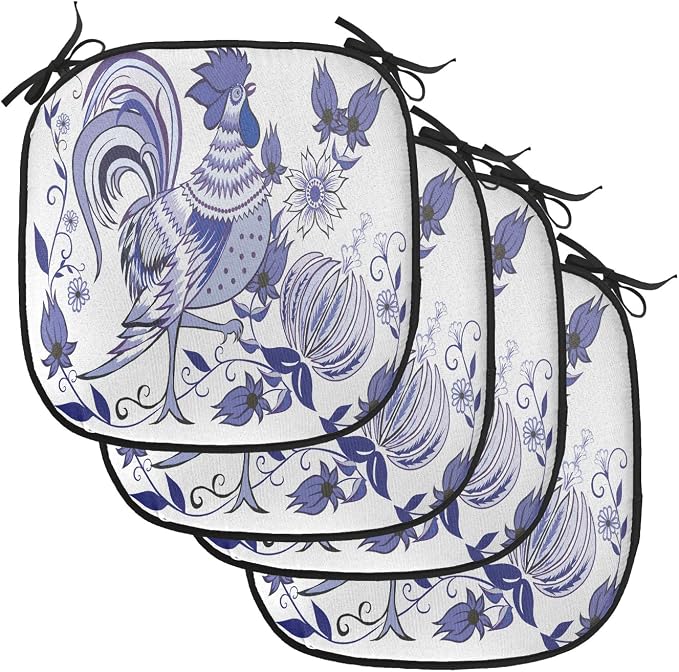 Lunarable Gallus Chair Cushion Pads Set of 4, Floral Pattern with Flowers and Birds Feathers Wings Leaf Ornament Folk Art, Anti-Slip Seat Padding for Kitchen & Patio, 16"x16", Violet Blue White