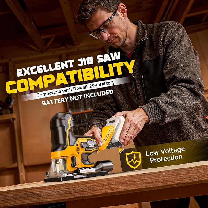 Ecarke Cordless Jig Saw Compatible With Dewalt 20V, Brushless Motor 3800RPM, 7 Speeds Dial Control, Free-Tool ±45° Bevel Cuts, 4 Orbital Action, Dust Blows and 6 Blades For Cutting, Tool Only
