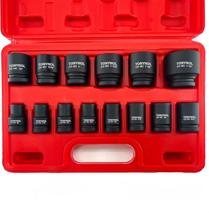 TONYNOL 1/2" Shallow Drive Impact Socket Set,6‑Point,SAE 3/8"‑1‑1/4",14Pcs | Cr-Mo Steel,With a Storage Case