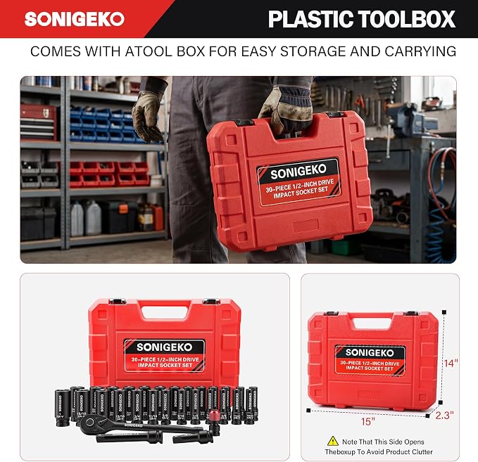 30-Piece 1/2" Drive Deep Impact Socket Set | SAE(3/8"–1")& Metric (10mm–24mm), Includes 3", 5" Extension Bars, Ratchet Wrench & Bit Adapter