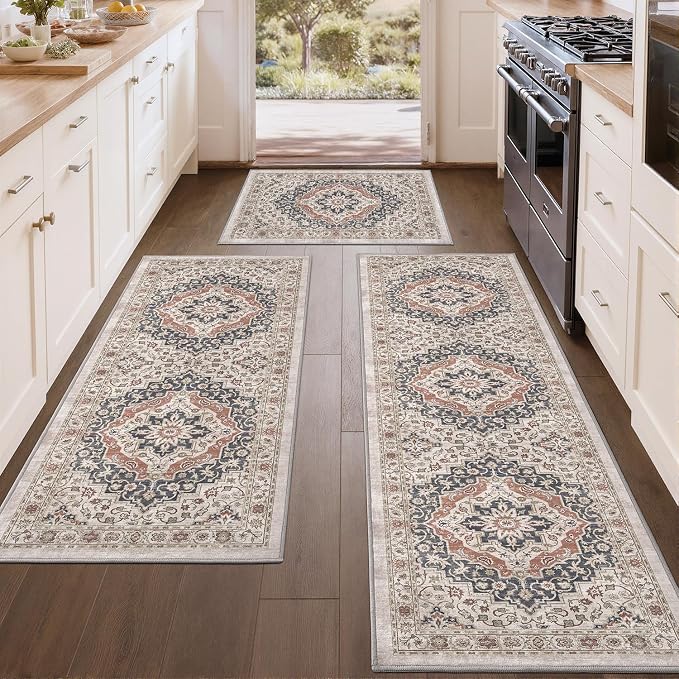 Color&Geometry Vintage Kitchen Rugs Sets of 3, Machine Washable 4mm Ultra Thin Stain Resistant Kitchen Floor Mats, Non Slip TPE Backing Runner for Sink,Hallway,Laundry,Entryway (2x3+2x5+2x7)