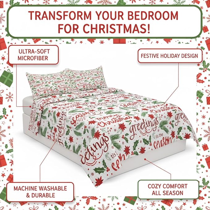 Merry Christmas Boho Red Quilt Set King- Leaves Berry Flowers Printed Holiday Bedding Set - Soft Microfiber Lightweight Comforter Coverlet Bedspread(Leaves, King(90"x104"))