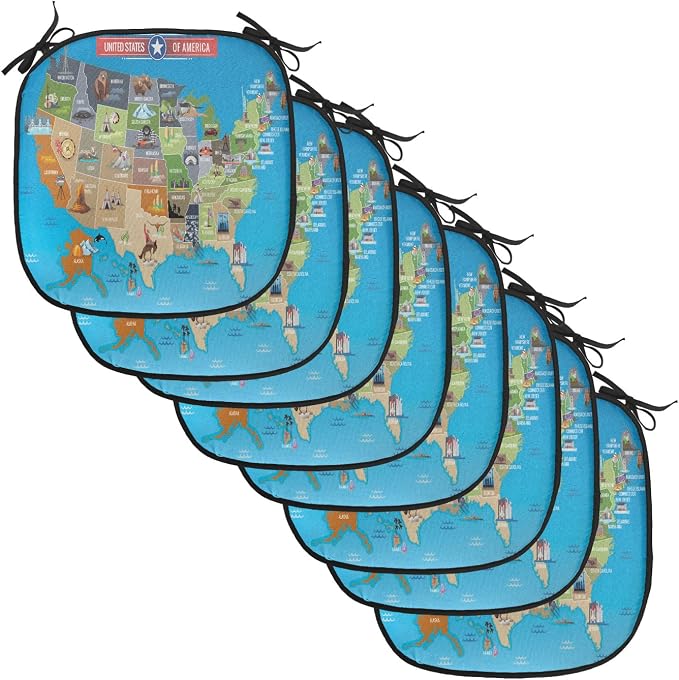 Lunarable Americana Chair Cushion Pads Set of 8, Map of USA Cowboy Corn Field Lobster Farming and Agriculture Art, Anti-Slip Seat Padding for Kitchen & Patio, 16"x16", Blue Multicolor