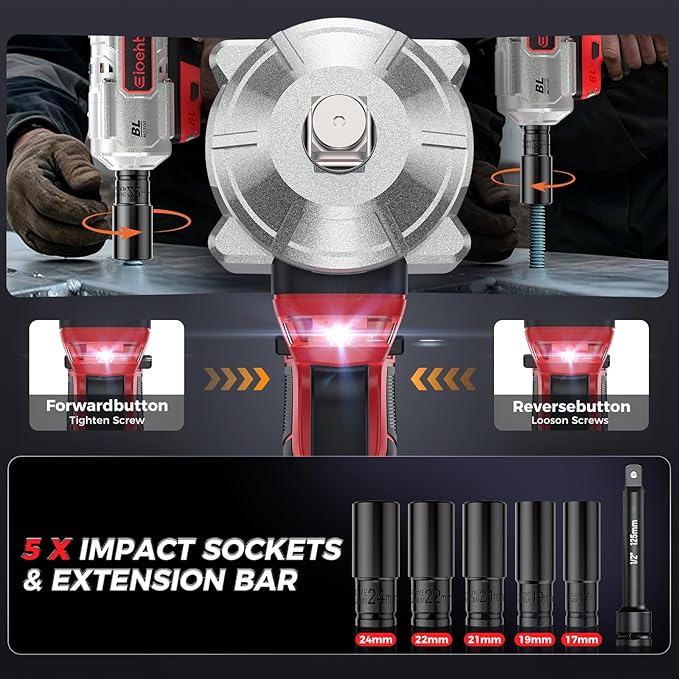 Eioehtl Cordless Impact Wrench 1200 Nm, 1/2 inch Impact Gun, 21V 4.0Ah×2 Batteries & Fast Charger, 3-Speed Control with LED Light, Includes 5 Sockets + Extension Bar + Carry Case [Energy Class A+++]
