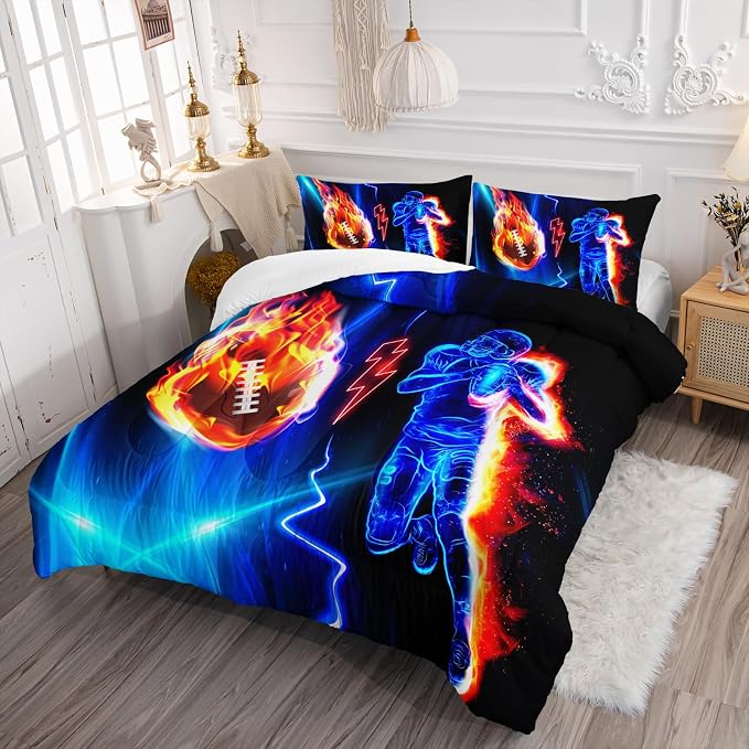 Axolotl Football Comforter King,Cool Blue Football Bedding Sports Theme Comforter Set for Boys,3D Rugby Sports Bedding Set,Soccer Player on Fire for Boys Kids Teens,1 Quilt 2 Pillowcases,Black Blue