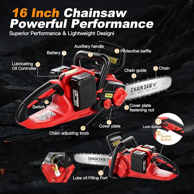 Brushless Electric Chainsaw, 42V 16 Inch Cordless Battery Powered ChainSaw, Hand Held Chain Saw with Auto Oiler & Mechanical Safety Lock,2 x 4.0Ah Batteries, Ideal for Tree Cutting and Branch Pruning