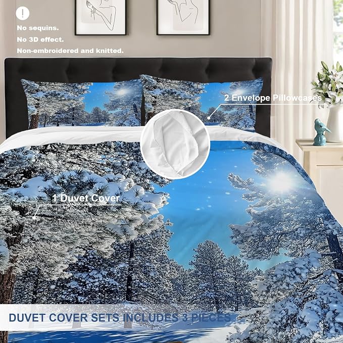 Batmerry Winter Snow-Covered Scene King Size 100% Cotton Duvet Cover Sets, Sunny Day Pine Trees Bedding Set with Zipper Closure Corner Ties, 3 Pieces (1 Cover + 2 Pillowcases No Comforter)