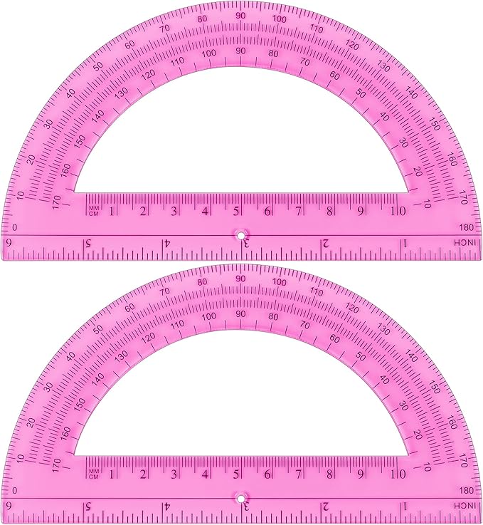 Unjoo Plastic Protractor Math Protractors 180 Degrees for Geometry Classroom Student School Office Supplies, 6 Inch, Pack of 2 (Pink)