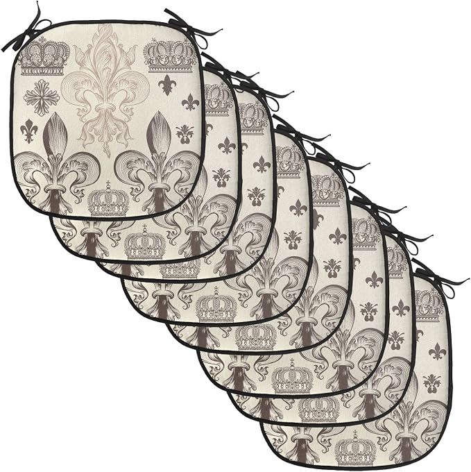Lunarable Fleur De Lis Chair Cushion Pads Set of 8, Heraldic Pattern Royal Flower and Crowns Tiara Coat of Arms Knight, Anti-Slip Seat Padding for Kitchen & Patio, 16"x16", Beige Taupe and Ivory