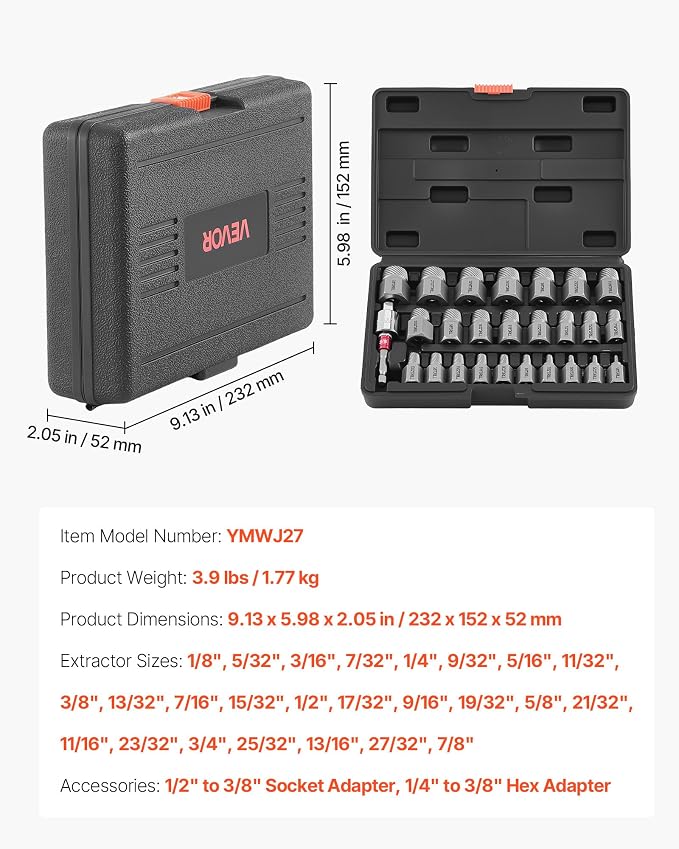 VEVOR 27Pcs Screw Extractor Set Hex Head Multi-Spline Easy Out Bolt Extractor Tool, CR-MO Steel Heavy Duty EZ Out Rounded Screw Remover, Adapters