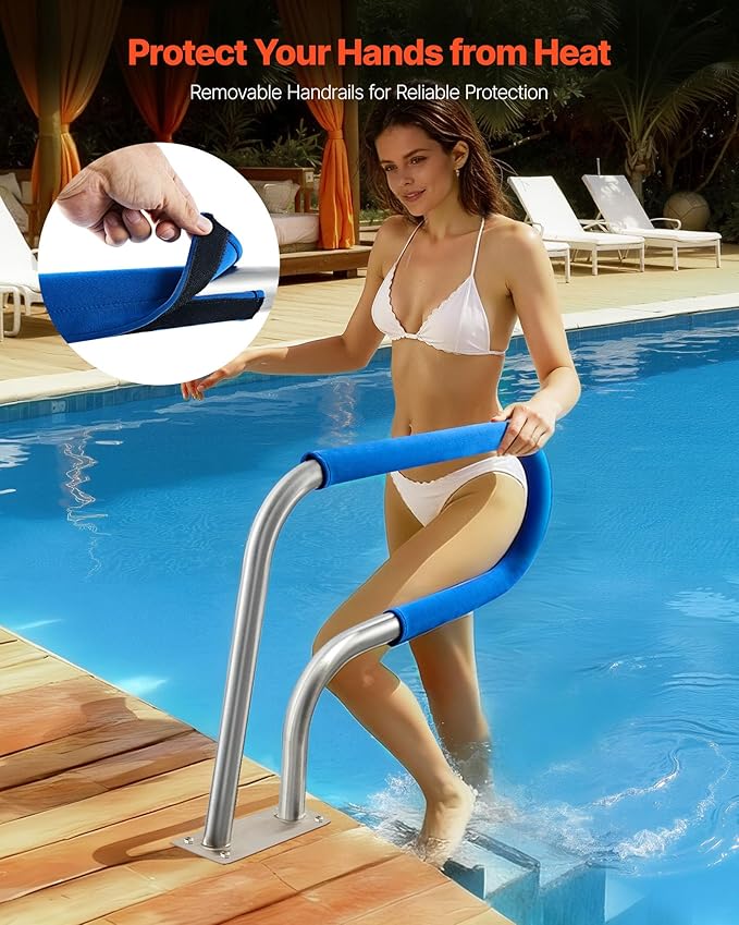 VEVOR Pool Rail, 31 x 22 inch Pool Handrail, 220 lbs Load Capacity Heavy Duty 304 Stainless Steel Swimming Handrail, Detachable Nonslip Sleeve, Rich Accessories, for Poolside, Water Parks, Spa Centers