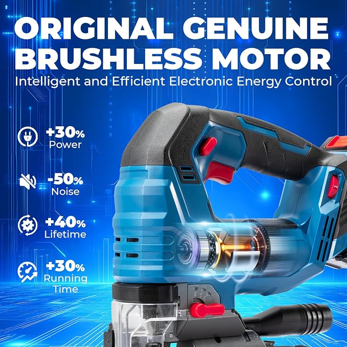 (Battery & Charger Not Included) Dong Cheng 20V Brushless Jigsaw, 26mm Stroke, 800-3500 SPM, 0-45° Bevel, 6-Speed, Orbital Action, Dual LED, Dust Blower