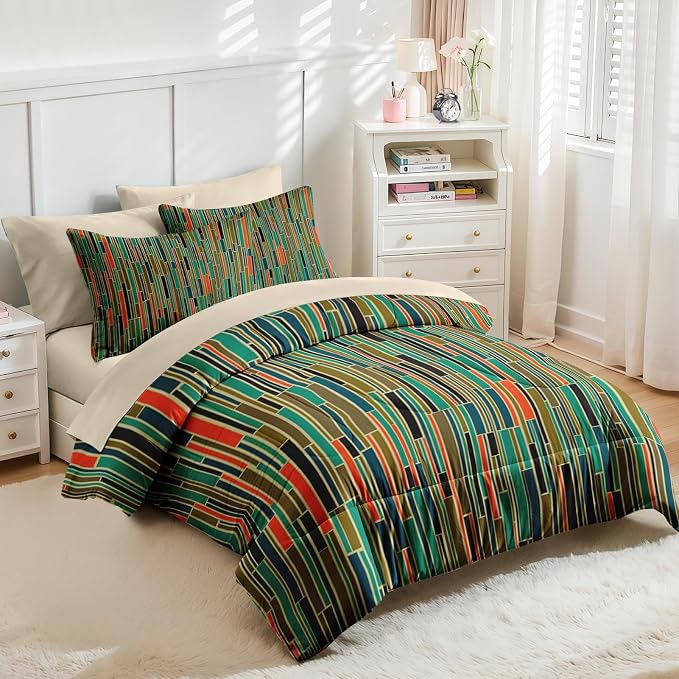 Nesker Comforter Set Twin Size, Mid Century Geometric Retro 5 Pcs Bedding for Kids and Adults, Stripe 50S Vintage Bed Sheet Sets with Fitted Sheet Pillowcase & Sham