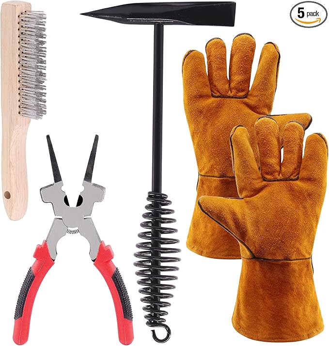 Glarks 5Pcs Welding Slag Removal Tool Set, Include 10'' Welding Chipping Hammer with Coil Spring Handle, Wire Brush and a 10'' Welding Plier with a Pair Welding Gloves