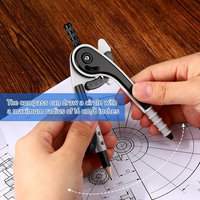 Zonon Student Protractor and Compass Set, Student Geometry Math Set Drawing Compass and 180 Degree 6 Inch Protractor with Swing Arm for Drawing Measuring School Office(Black)