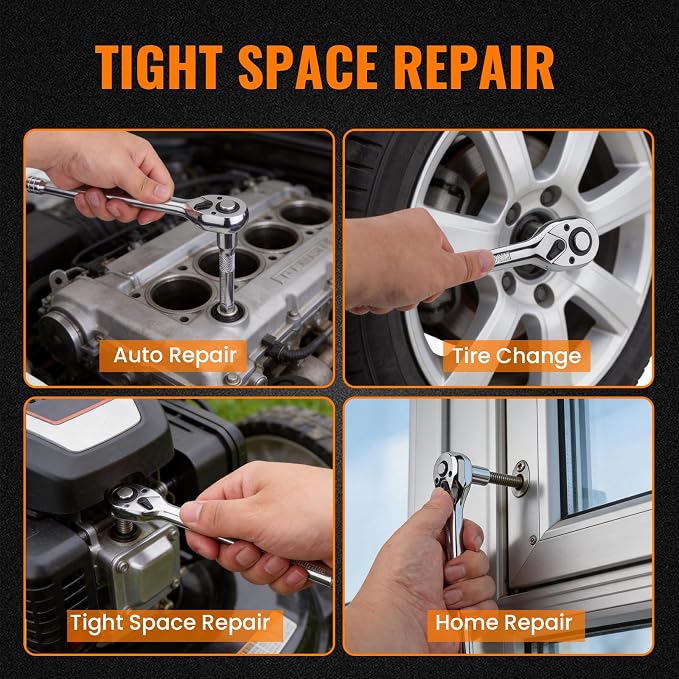 1/4“ Drive 90-Tooth Ratchet Wrench with Extension Bar | Socket Wrench, Reversible Design, Quick-Release, Cr-Mo Head, Cr-V Made, 4° Swing Arc, Full Polished