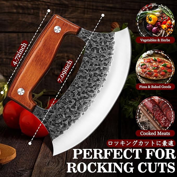 TIVOLI Hand-Forged Ulu Knife – Full Tang High Carbon Steel, Japanese-Inspired with Sheath & Gift Box, Mezzaluna Rocker Knife & Pizza Cutter for Kitchen, Camping&BBQ - Gifts for Men and Women