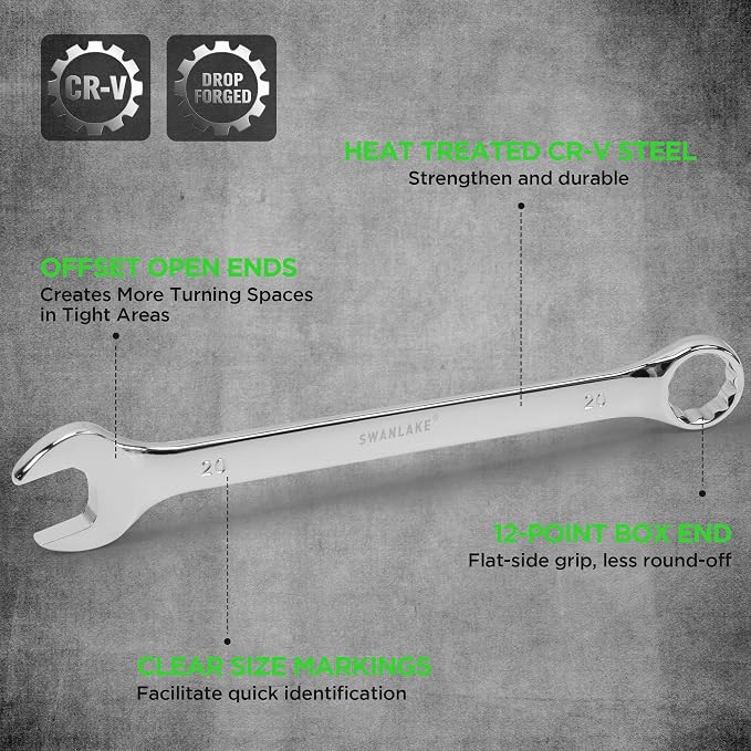 SWANLAKE 15-Piece Metric Combination Wrench Set, 12-Point Max Torque Open End Wrench Set, Cr-V Steel Wrenches 8, 9, 10, 11, 12, 13, 14, 15, 16, 17, 18, 19, 20, 21, 22mm with Storage Rack