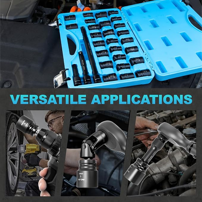 1/2 29PC Socket Set Shallow, CR-MO,SAE/Metric 3/8"-1",10-24mm | short impact socket set 1/2 drive with Extension Bars Standard Shallow Socket Set High Torque Truck Bearing Locknut