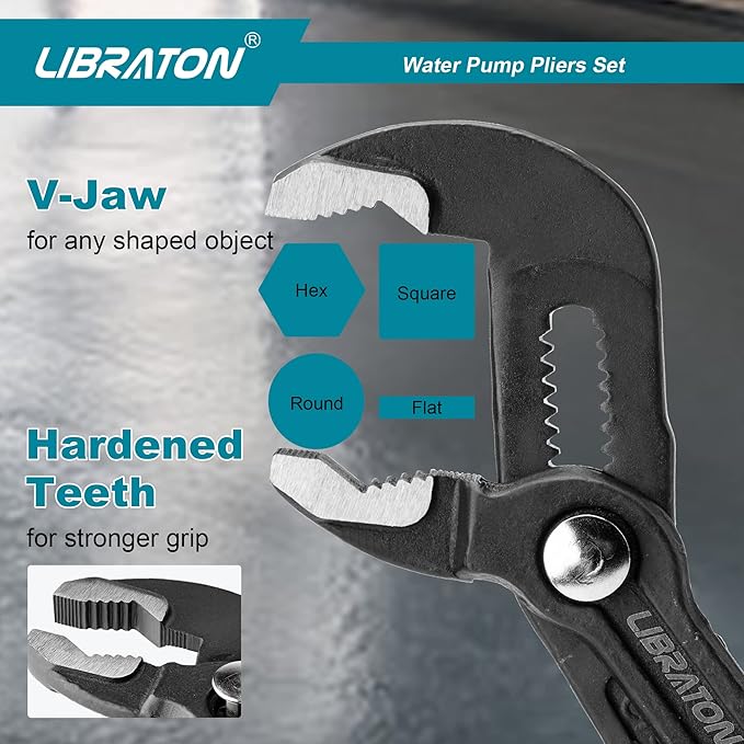 Libraton CR-V Steel Plumbing Pliers Set - Groove Joint & V-Jaw Tongue & Groove Pliers, Pipe Grips, Ratcheting Push Button Adjustment, 3PCS