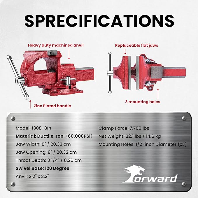 Forward 1308 8 Inch Bench Vise Workbench Vise with Anvil and Swivel Base