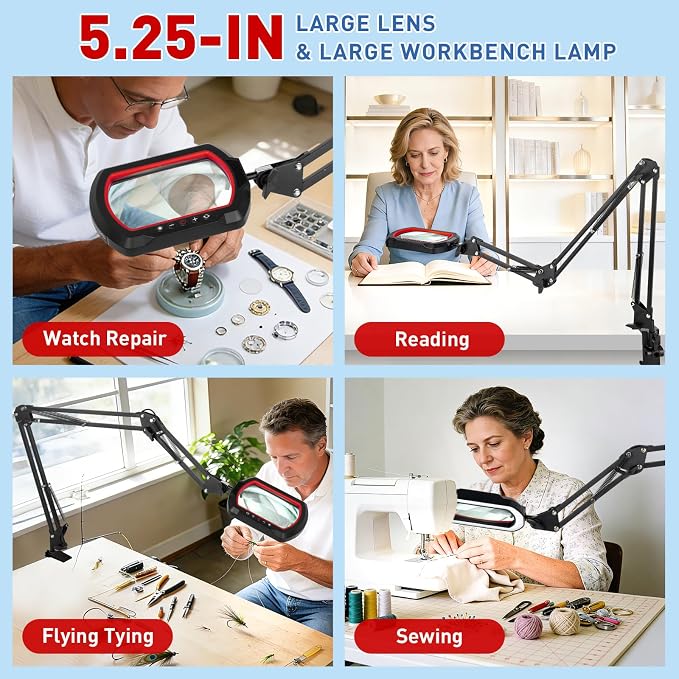 HITTI 12X Square Ultra Long Magnifying Glass with Light and Clamp