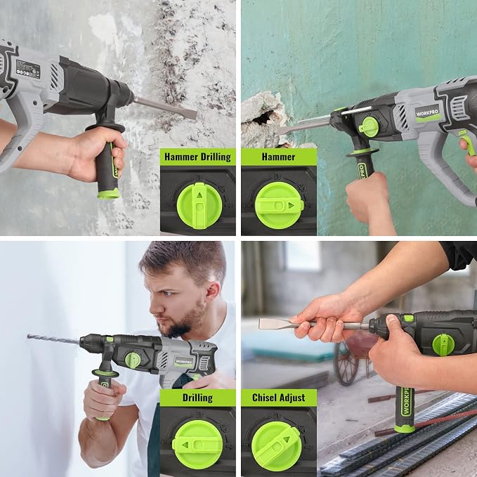 WORKPRO 1-1/4 Inch SDS-Plus Rotary Hammer Drill, 7.5AMP, Lightweight Corded Version for Concrete Demolition Chipping Rotomartillo, 5 SDS-Plus Bits