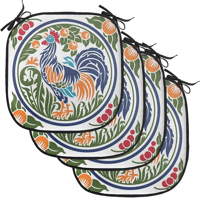 Lunarable Gallus Chair Cushion Pads Set of 4, Rooster Earth Fruit Growth Harvest Dandelion Vegetables, Anti-Slip Seat Padding for Kitchen & Patio, 16"x16", Olive Green Night Blue