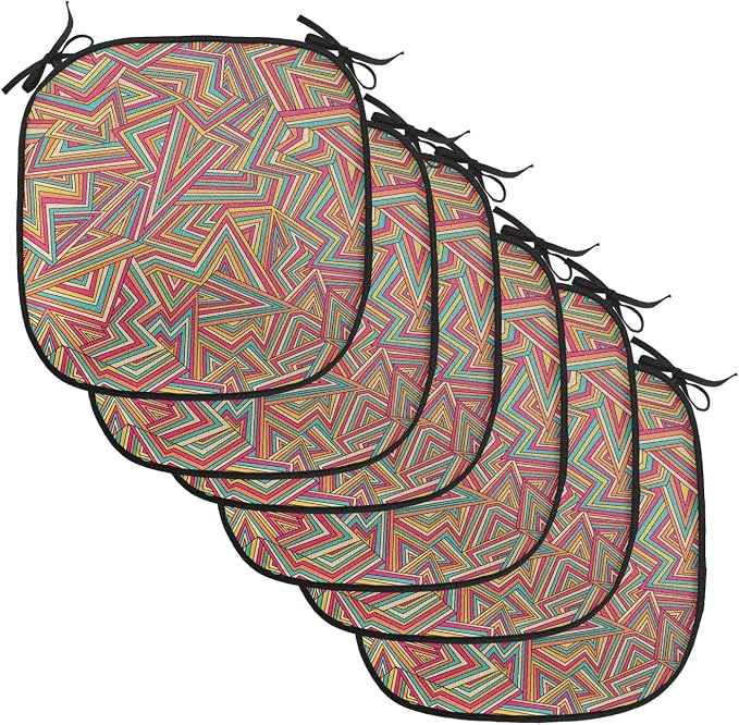 Lunarable Geometric Chair Cushion Pads Set of 6, Abstract Pattern Stripe Illusion Geometry Angles Stars Structure, Anti-Slip Seat Padding for Kitchen & Patio, 16"x16", Magenta Orange